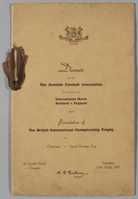 1937 Scotland v England dinner menu, signed by England team, for the official dinner at the St Enoch hotel, Glasgow after the game that took place on 