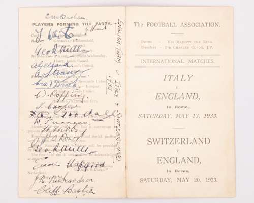 1933 Italy v England and Switzerland v. England autographed four page itinerary