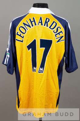 Oyvind Leonhardsen gold and navy white Tottenham Hotspur no.17 away jersey, season 1999-2000,
 short-sleeved with THE F.A. PREMIER LEAGUE sleeve badge
