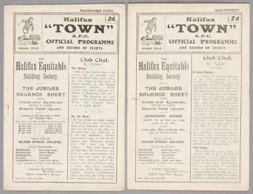 Two Halifax Town home programmes season 1921-22, 

F.L. Division Three North fixtures, v Stalybridge Celtic 8th October and Southport 26th November, (