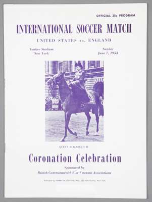 USA v England international soccer match programme played in celebration of the Coronation of Queen Elizabeth II at the Yankee Stadium, New York, 7th 