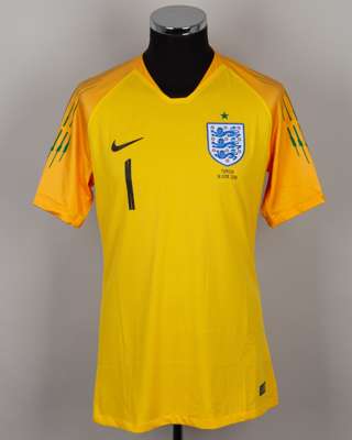 Jordan Pickford yellow and green No.1 England v. Tunisia short-sleeved shirt, 2018
