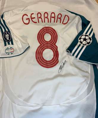 Steven Gerrard signed white & green Liverpool replica no.8 third-choice jersey 2006-07, 
 Adidas, short-sleeved, reverse lettered GERRARD, signed in m