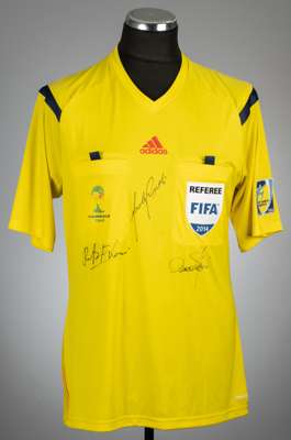 Yellow signed Brazil FIFA World Cup 2014 referee's jersey, 
 Adidas, short-sleeved with FIFA MY GAME IS FAIR PLAY sleeve badge, REFEREE FIFA 2014 ches