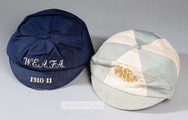 Two W.E.A.F.A. representative caps, 
 navy material cap embroidered W.E.A.F.A. and 1910-11, with FALCON MADE interior label, bears wear to peak, and t