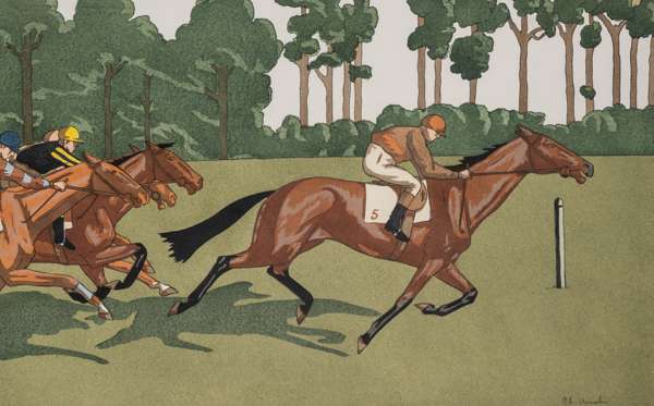 A set of ten horse racing prints formerly owned by Sir Elton John,
 after Charles Ancelin (French, 1863-1940), highly decorative Art Deco style colour