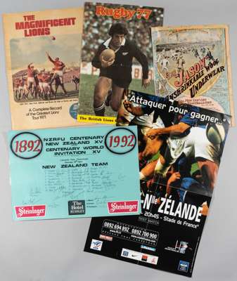 New Zealand rugby memorabilia,
 including a 1906 advertising ephemera for Jason Underwear for athletes, the artwork featuring a England v New Zealand 