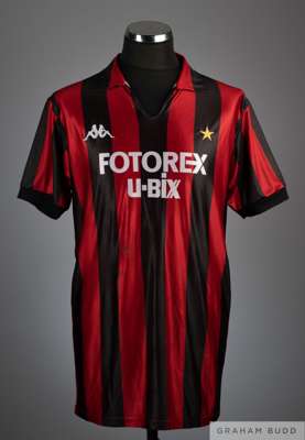 Mark Hateley red and black No.16 AC Milan short sleeve shirt, 1986-87
 Kappa, size not specified, V neck with embroidered gold star badge denoting the