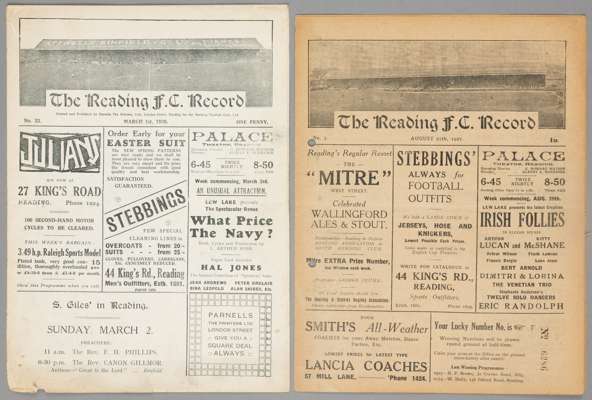 Two Reading v Chelsea programmes,
 F.L. Division Two fixtures, 27th August 1927 (punch-holed) and 1st March 1930, (2), wear to both, one with punch ho