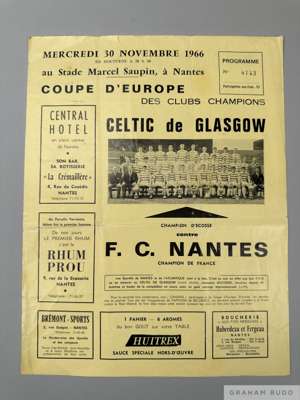 Rare Nantes v. Celtic European Cup away match programme, 30th November 1966
  signs of folds, creasing