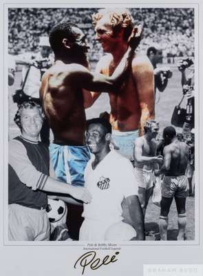 A large colour and black and white montage featuring Pele and Bobby Moore, 
 signed in black marker pen by Pele. 69.5 x 53.5cm.