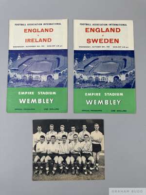 Programmes from the England v Sweden and England v Ireland matches, at Wembley Stadium in 1959, 
 accompanied by a black and white team picture cut fr