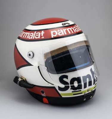 Nelson Piquet race worn F1 Snell helmet, Serial No.A0278623, 
 the white, red and black coloured helmet bearing PARMALAT, SANTAL, GPD decals, with cle