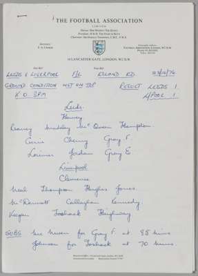 A six-page FA Dossier hand written by Les Cocker and dated 23rd October 1976 for the Leeds United v Liverpool fixture