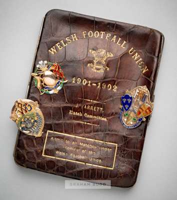 Rare trio of Welsh [Rugby] Football Union gold badges awarded to J. Jarrett of the Match Committee for the Wales internationals v New Zealand, France 