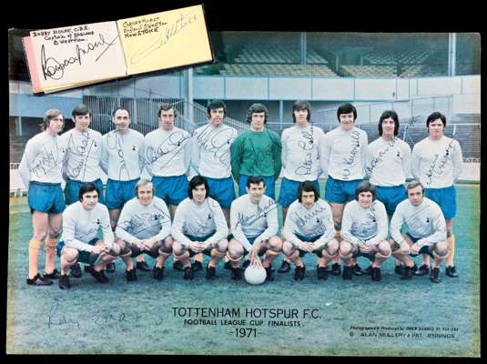 Fully-signed Tottenham Hotspur 1971 Football League Cup Finalists poster, signatures for all 18 depicted players, Peters, Gilzean, Chivers, England, J