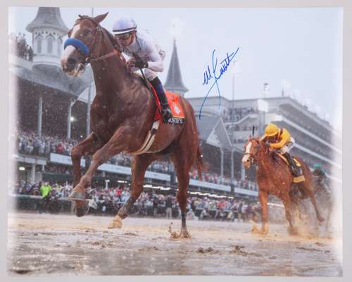 Colour photo of Triple Crown winner Justify signed by jockey Mike E. Smith