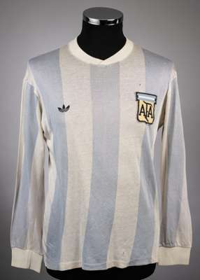 Mario Kempes blue and white No.10 Argentina v Hungary match worn jersey, 
 Adidas, with crew-neck collar and embroidered cloth badge inscribed  AFA

 