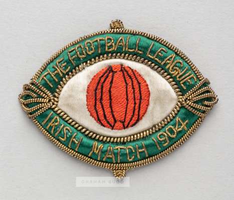 Football League representative badge v Irish League, played at Grosvenor Park, Belfast, 15th October 1904,, bearing a name stamp for the important ear