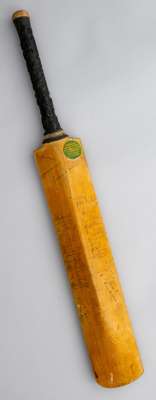 Cricket bat signed by the South Africa and England cricket teams from the famous drawn Timeless Test match played in Durban 1939,
 A Gradidge, London,