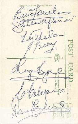 Manchester United Busby Babes signed 6 x 4in. postcard,
 featuring the autographs of Bill Foulkes, Jackie Blanchflower, Billy (Liam) Whelan, Johnny Be