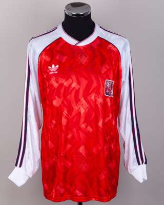Lubos Kubik red and white No.9 Czechoslovakia v. Germany long-sleeved shirt, 1990