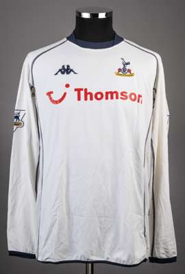 Jermain Defoe white and blue No.18 Tottenham Hotspur long-sleeved jersey, 2003-04, 
 Kappa, with crew-neck collar and embroidered badge inscribed AUDE