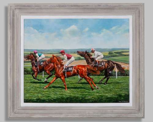 Sean McMahon (British, contemporary) oil painting of a horse race