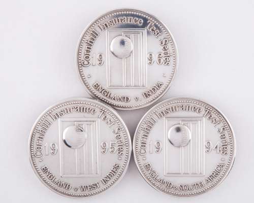 Dickie Bird three white-metal Cornhill Insurance England Test Series medals, 1994-96