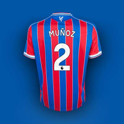 Daniel Muñoz red and blue No.2 Crystal Palace v. Manchester United match issued shirt