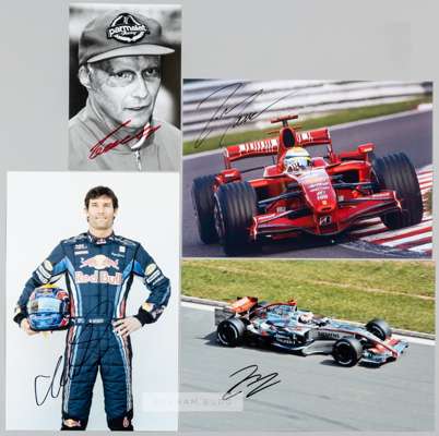 Signed photographs of international stars of Formula 1,
 eight individually signed photographs in marker pen, including Niki Lauda, Mark Webber, Kimi 