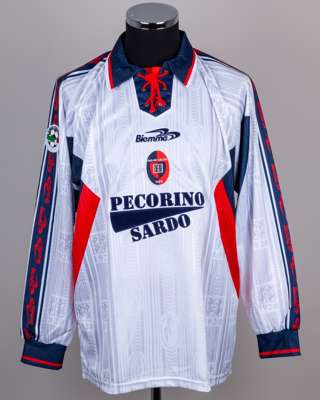 Raffaele Ametrano white and blue No.19 Cagliari long-sleeved shirt, 1999-2000