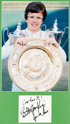 Billy Jean King signed photographic display,
 featuring the Women's Wimbledon Venus Rosewater Dish trophy, mounted above her autograph in black marker