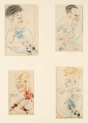 Six original caricatures of legendary footballers, circa 1930s,
 comprising a pencil and crayon caricature of Blackburn Rovers' Willie Rankin by Shinw