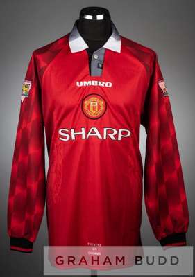 Lee Sharpe red and white Manchester United no.5 home jersey, season 1996-97,
 long-sleeved with THE FA PREMIER LEAGUE CHAMPIONS 1995-1996 sleeve badge