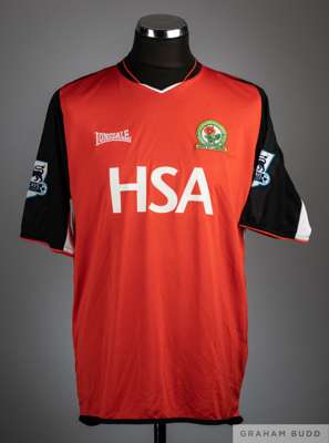 Tugay Kerimoglu red and black No.8 Blackburn Rovers short-sleeved shirt, 
 Lonsdale, M, with v-neck collar and embroidered cloth badge inscribed BLACK