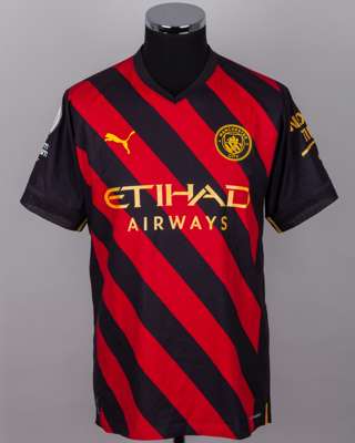 Luke Mbete black and red No.79 Manchester City short-sleeved shirt, 2022-23