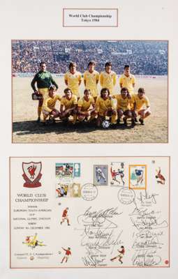 Liverpool World Club Championship, Tokyo 1984 photograph and signed FDC display,
 featuring a colour team photograph, 15.5 by 23.5cm. and a signed FDC