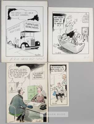 Four football-related cartoon artist's story board proofs for the Liverpool Daily and Evening Post, circa mid 1960s,
 comprising "Tony Hateley - He's 