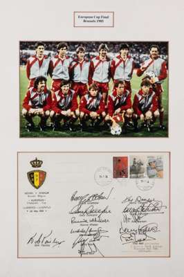 Liverpool European Cup Final Brussels 1985 photograph and signed FDC display,
 featuring a colour team photograph, 15 by 23.5cm., above a FDC Liverpoo