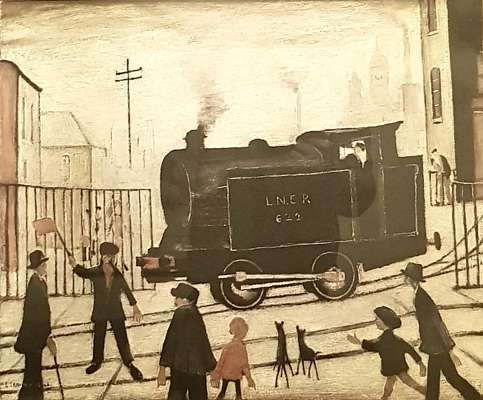 Laurence Stephen Lowry RBA RA (1887-1976) 'Level crossing with train'
 Lithograph on wove paper. 
 Stamped bottom left corner and signed bottom right 
