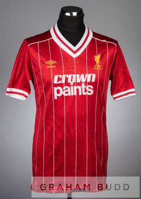 Squad signed red and white Liverpool no.15 home jersey, season 1982-83,
 short-sleeved with club crest and sponsor logo, reverse numbered 15, signed f