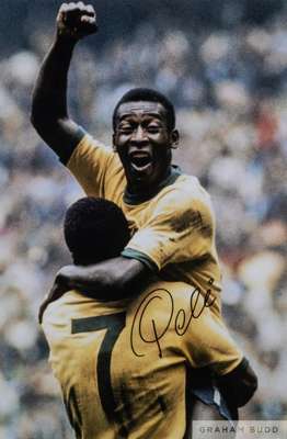 A large colour portrait photograph of Pele celebrating his legendary "Goal of the century" 
 signed in black marker pen on the front, accompanied by a