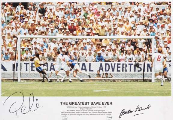 Pele and Gordon Banks signed 1970 World Cup "The Greatest Save Ever" photographic print,
 colour print, signed in black marker pen by both footballers