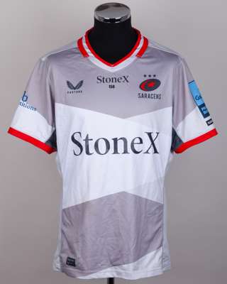 Maro Itoje grey and red No.4 Saracens short-sleeved away shirt, 2024-25