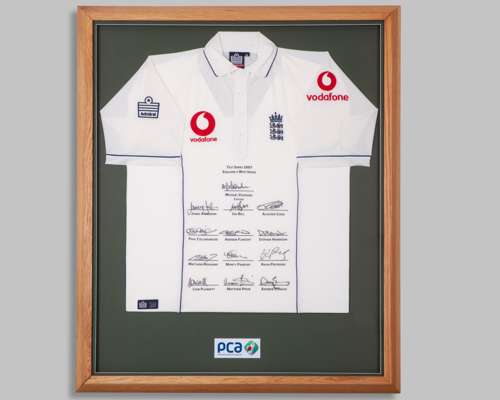 White England v. West Indies Test Series 2007 autographed short-sleeved cricket shirt display