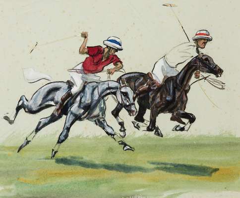 John Arthur Board (1886-1975) POLO PLAYERS pen & ink & watercolour, 19 by 23cm., mounted ready for framing