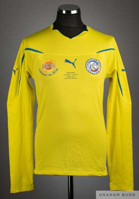 Edgaras Cesnauskis yellow and blue No.88 Rostov v. Portsmouth long-sleeved shirt, 
 Puma, L, with v-neck collar and embroidered cloth badge with FRIEN