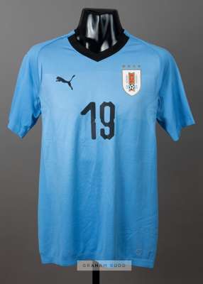 Sebastian Coates signed blue and navy Uruguay No.19 home jersey, season 2018,
 Puma, short-sleeved with PUMA sleeve logos, country crest and sponsor l