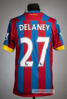 Damien Delaney red and blue striped Crystal Palace no.27 home jersey v Arsenal at Selhurst Park, 21st February 2015,
 Macron, short-sleeved with BARCL